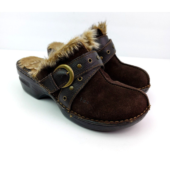 Boc Born Concept Womens Sz 8 Brown Suede Leather Slip On Faux Fur Mule Clog Shoe - Picture 1 of 11